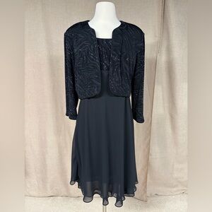 R&M Richards Black Chiffon Dress w/ Sparkle Jacket | Size 18